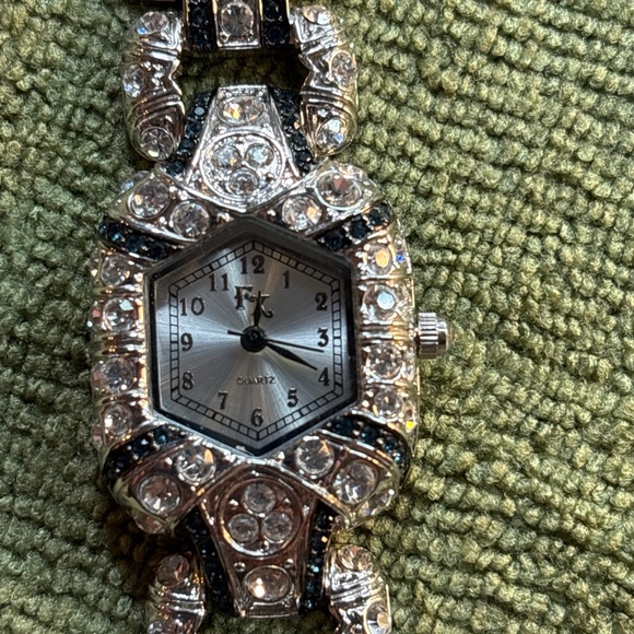 HW65 FRANZ XAVIER Signed ST. STEEL QUARTZ LADIES’ BLUE & CLEAR CRYSTAL WATCH - Picture 5 of 9